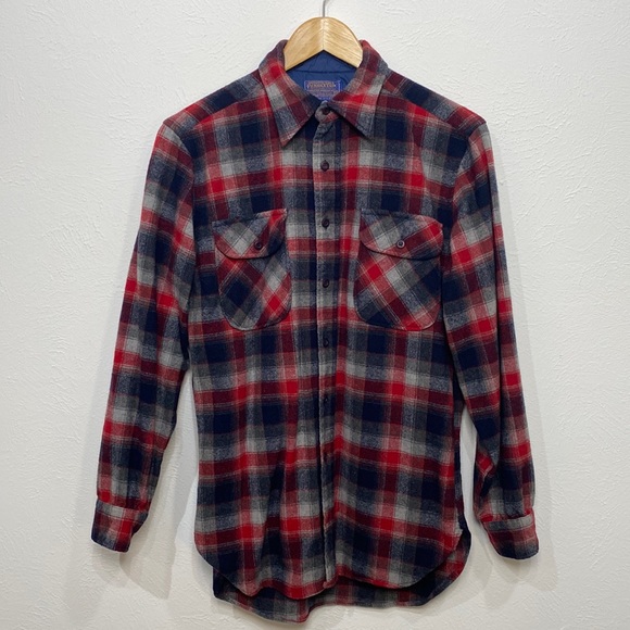 Vintage Pendleton Mens M Blue & Red Plaid Pure Wool Button Down Shirt - Picture 2 of 9